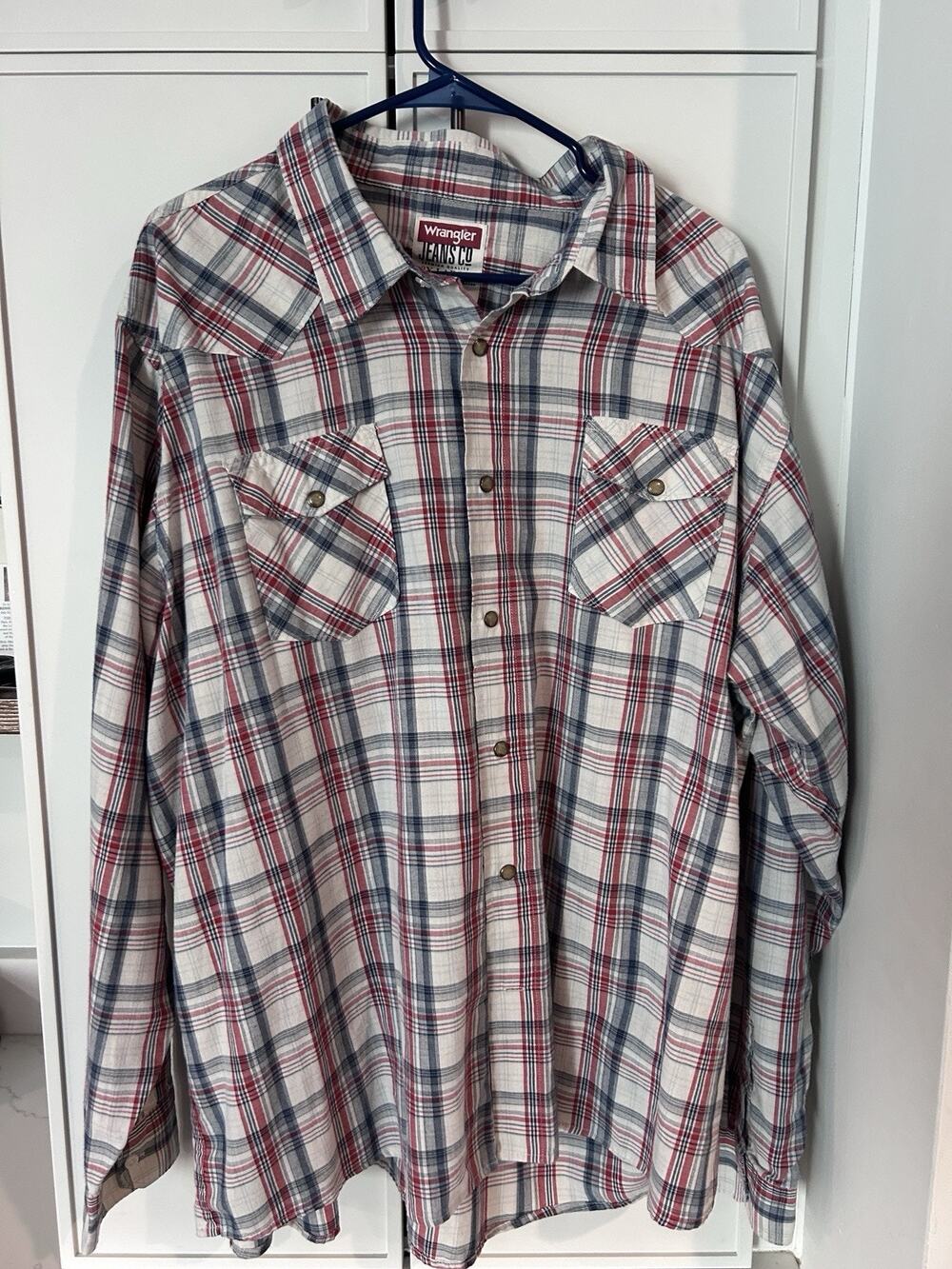 Wrangler Jeans Pearl Snap Western Shirt Mens 3XL Plaid Red Blue Vintage Cowboy